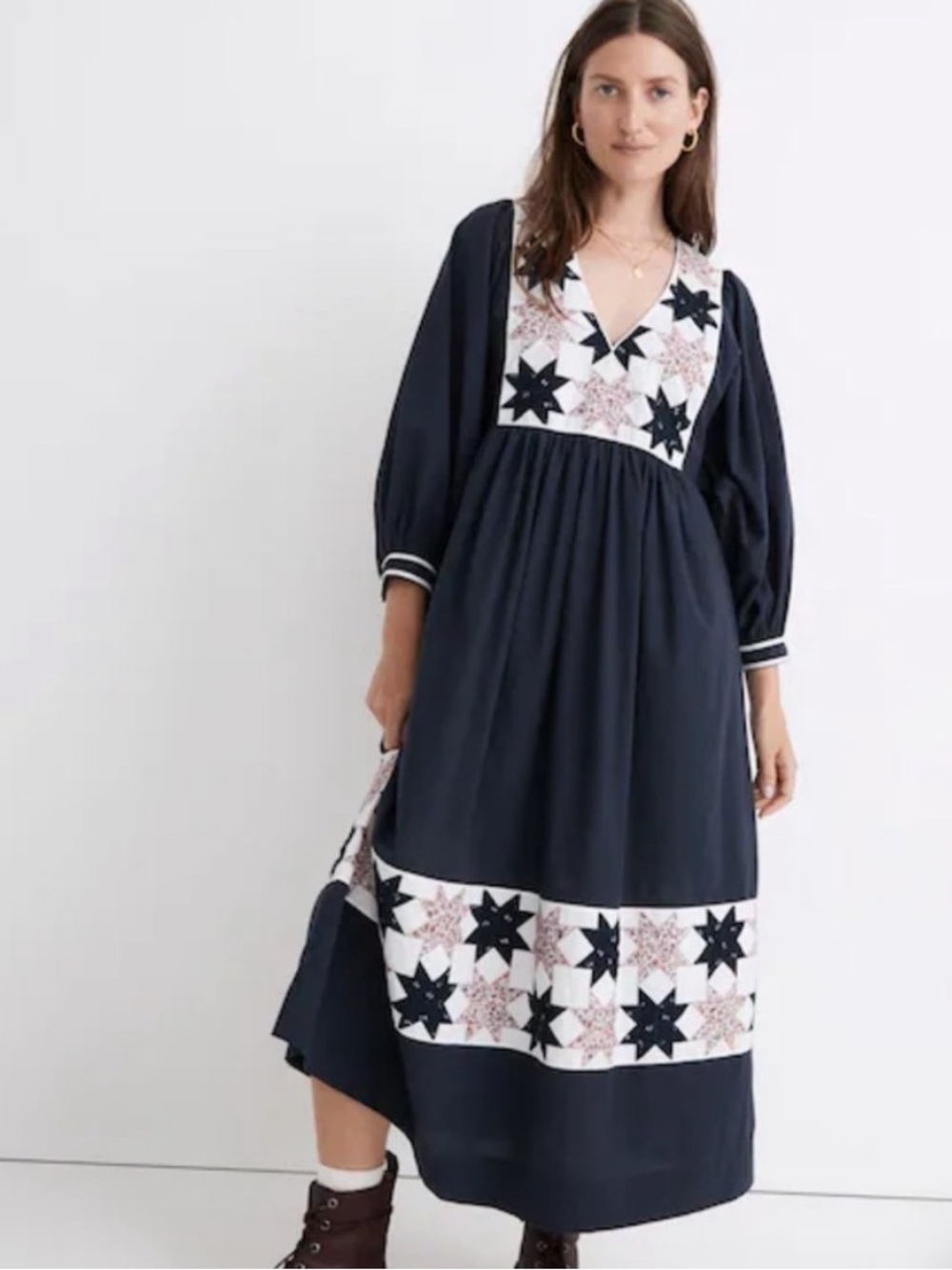Women's Navy Embroidered V-Neck Midi Dress